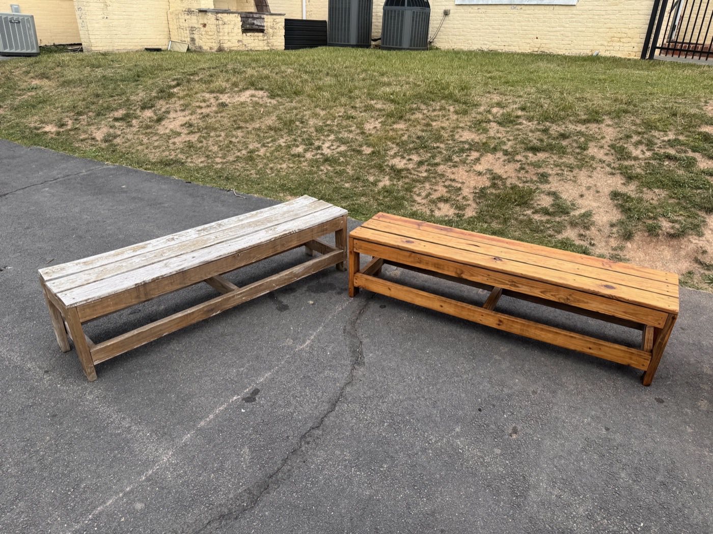 Five outdoor benches, stripped and refinished